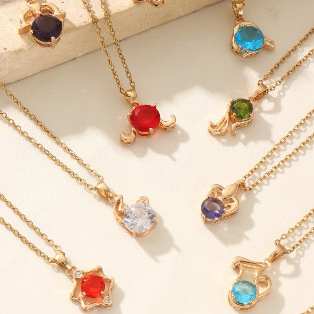 Fashion 12 Constellations Zirconia Pendant Necklaces for Women Sparkling Golden Stainless Steel Necklace Jewelry