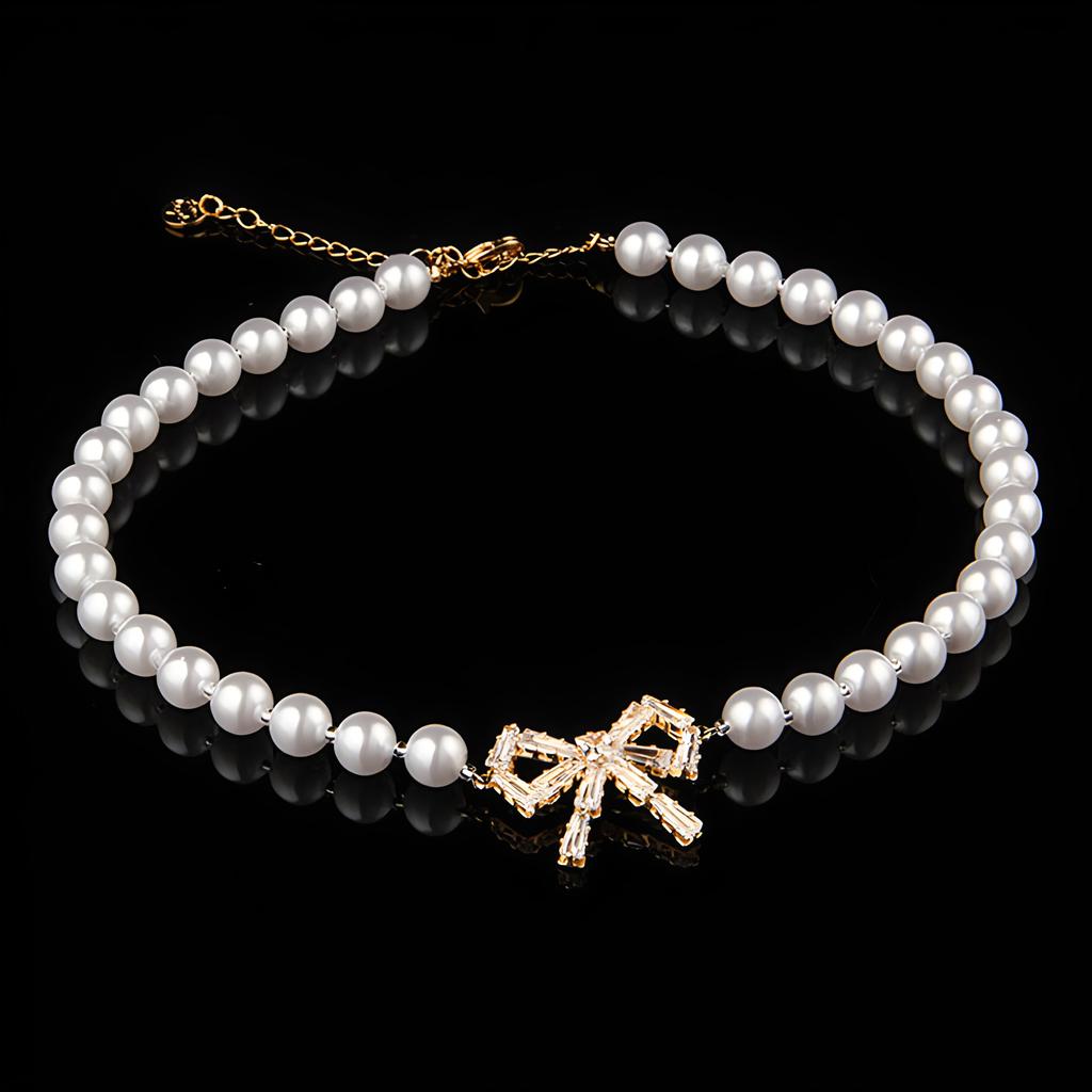 Pearl Necklace Female Baroque Korean Temperament Short Collarbone Chain Bow Neck Chain Internet Celebrity French Retro Bride