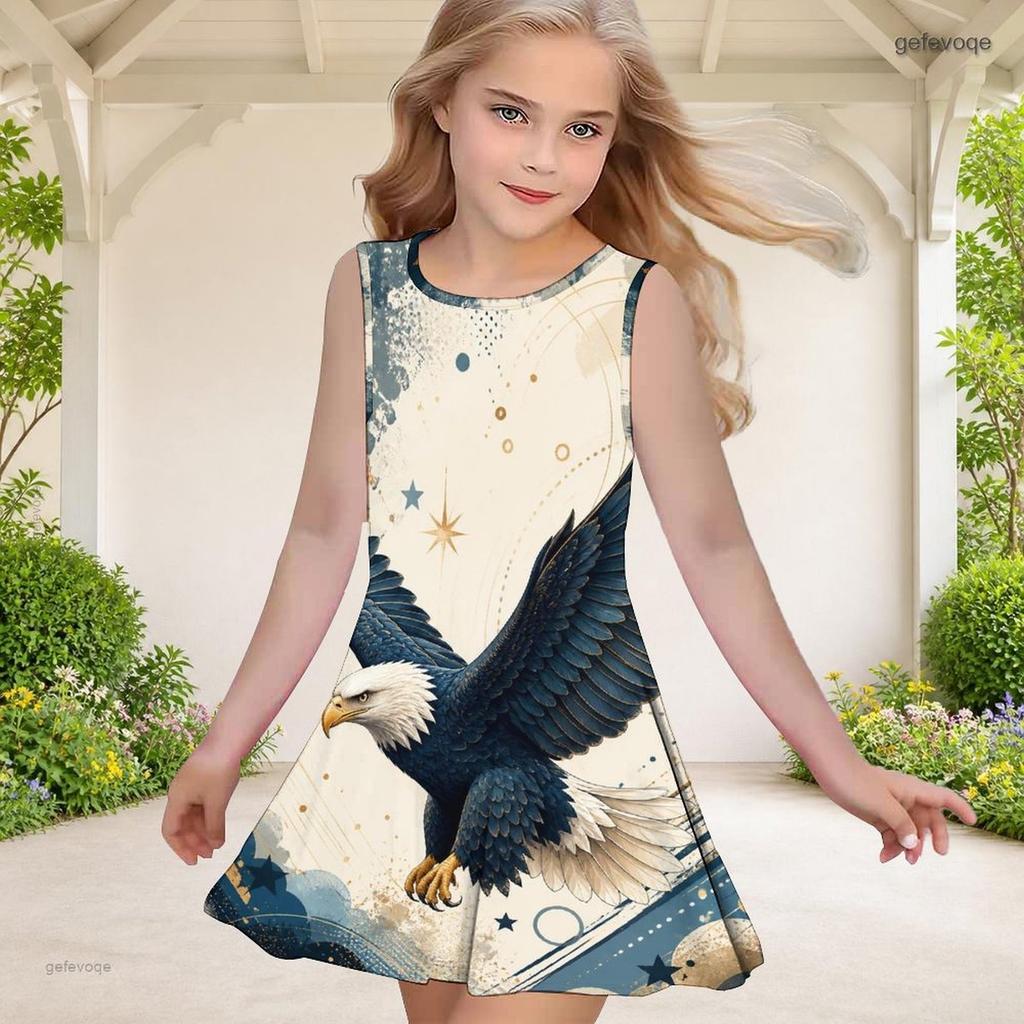 Girls Round Neck Sleeveless Galaxy Printed A Line Flared Dress Red White Blue