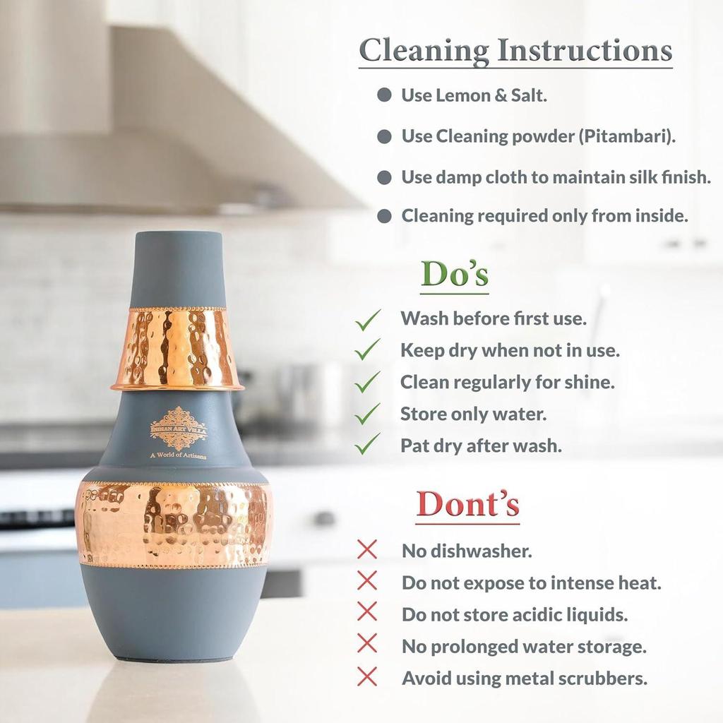 Pure Copper Bedroom Bottle with Inbuilt Glass Storage & Drinkware, Volume 1.25 Litre (Pack of 2)