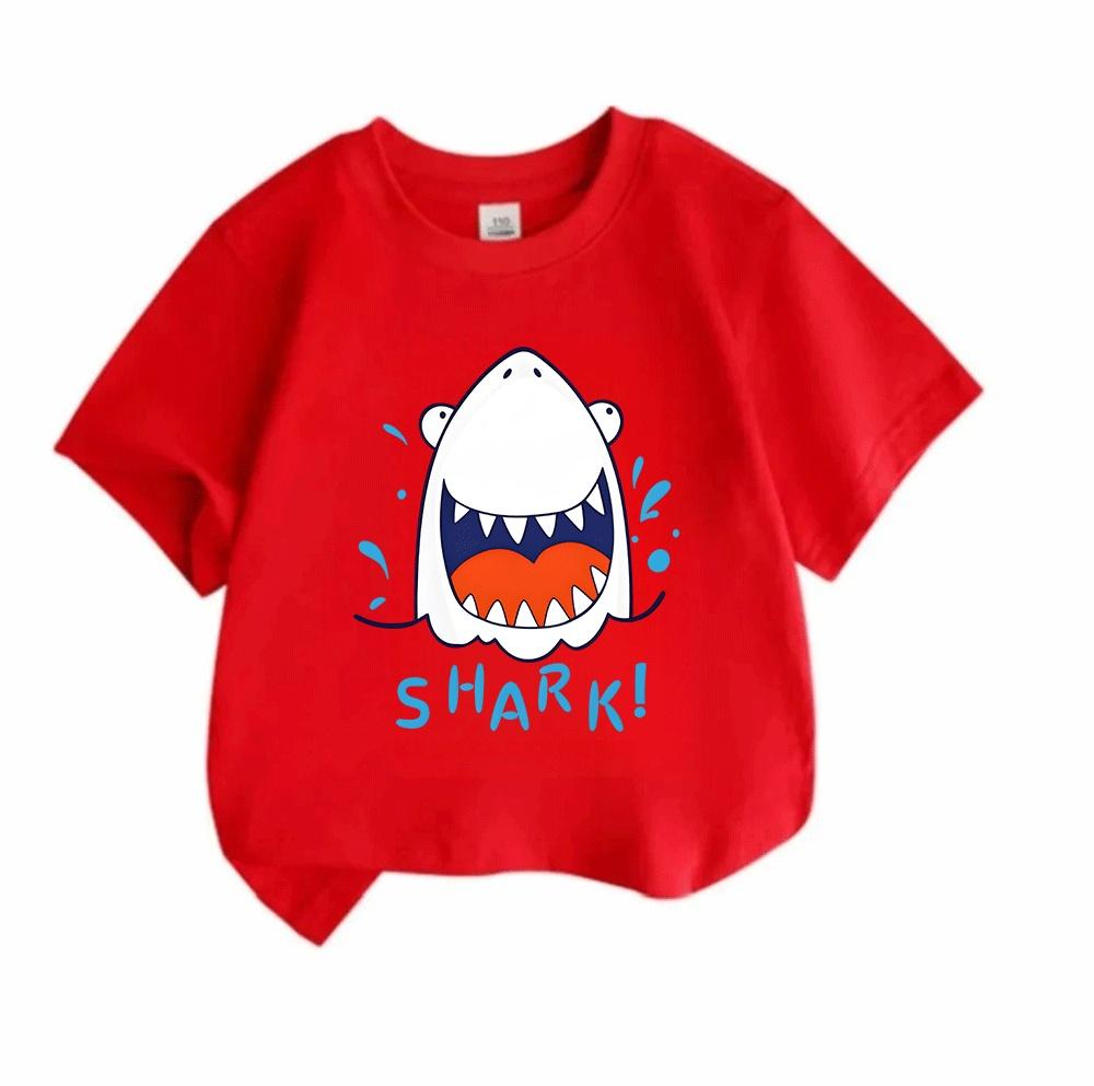 Kids Boys Girls 100% Cotton Crew Neck Short Sleeve T-Shirt, Cute Cartoon Laughing Shark Pattern Casual Summer Soft Breathable Tees for Daily Wear Holi