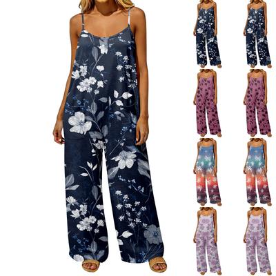 Women Sleeveless Wide Leg Jumpsuit Casual Loose Fit Vintage Style Spaghetti Strap Pocketed Romper Backless Design Soft Fabric
