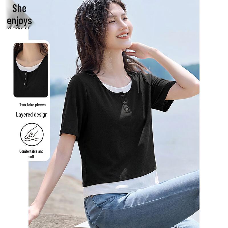 

Women s Fake Two-Piece Patchwork Short-Sleeve T-Shirt XL