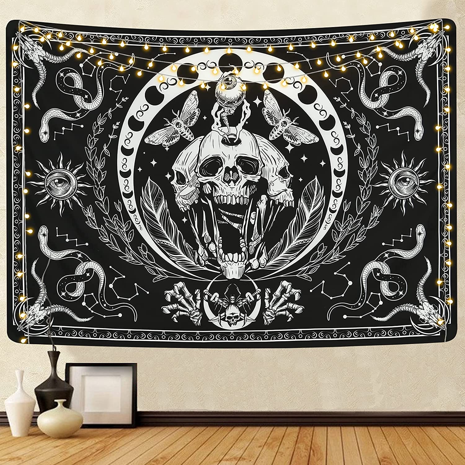 Skeleton Tapestry black and white tapestry Snake Moth Skeleton witchcraft divination decoration personality bedroom home decor 100X70CM