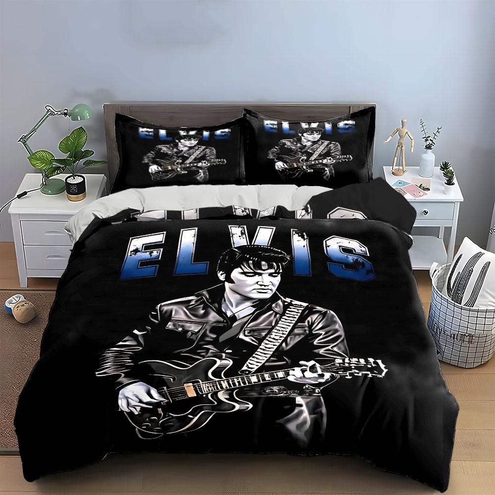 Guitarist in Black Leather with "Elvis" Print Bedding Set Duvet Cover Pillowcases (1* Duvet Cover 2* Pillowcases Do Not Include Comforter)