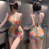 Deep U dew ditch smudge print hip skirt sex underwear summer sexy naked back dress