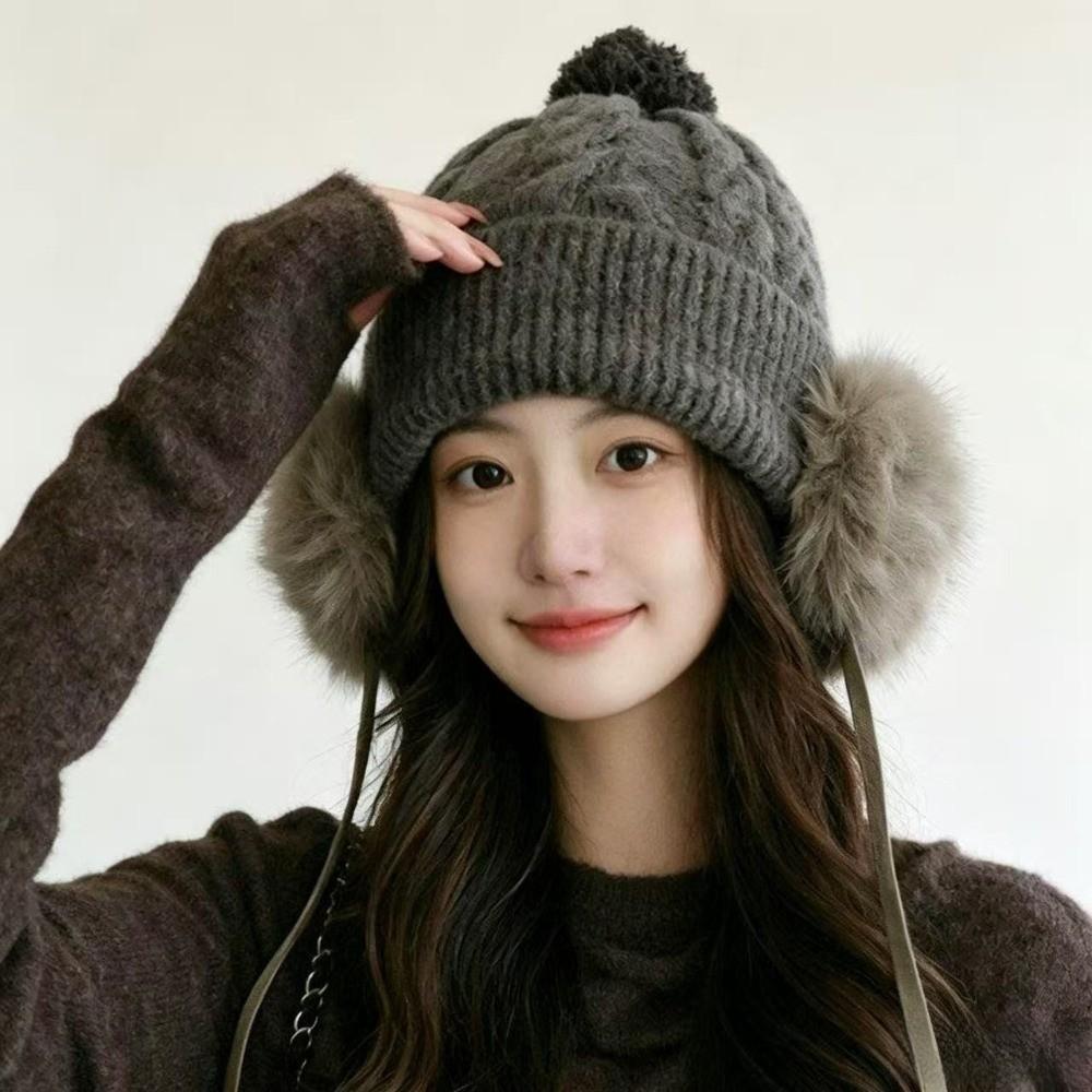 Large Head Circumference Knitted Trapper Hat Plush Wool Cap Pompom Beanie with Earflap  Girls