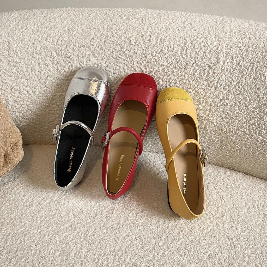 One word with light mouth silver small leather shoes flat sole soft sole Mary Jane single shoes women
