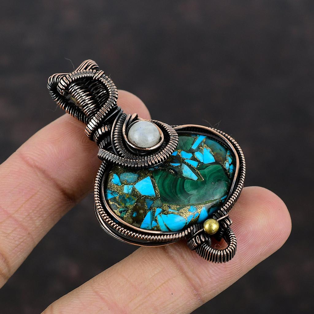 Kupfer Malachit Türkis Anhänger Kupferdraht umwickelter Schmuck Mondstein Anhänger Edelsteinschmuck Geschenk für Mama Handgemachter Kupferdraht Anhänger