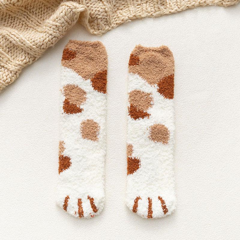 

2 пары/лот новые носки из кораллового флиса с изображением кошачьего когтя, теплые женские носки для сна с изображением мультяшного кота One size