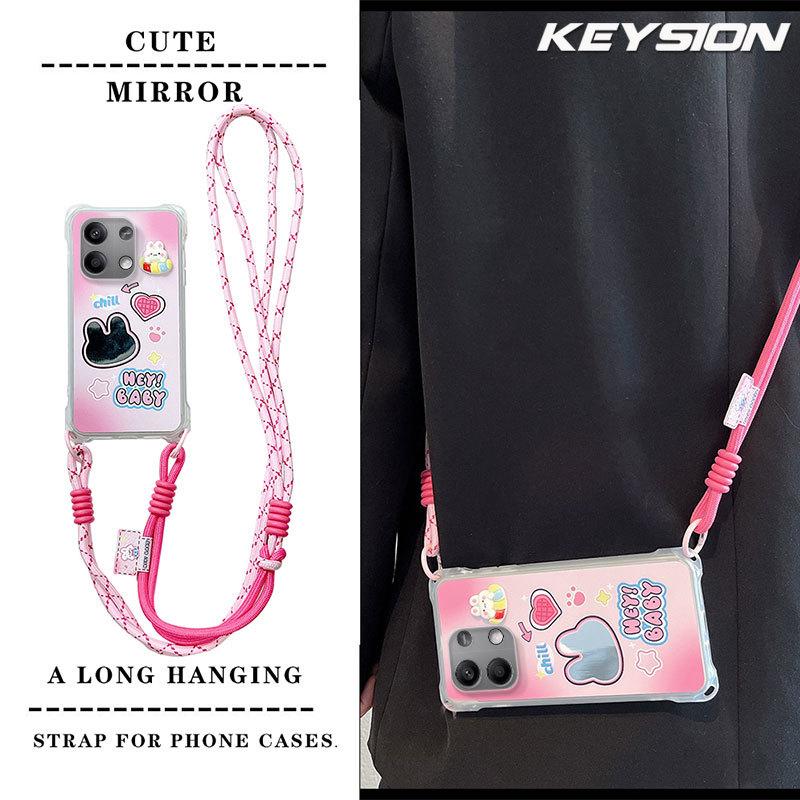 KEYSION Crossbody Strap Phone Case for Redmi Note 13 Pro 4G 5G Cute Cartoon Long Lanyard Mirror Shockproof Cover for POCO X6 M6 Pro 4G