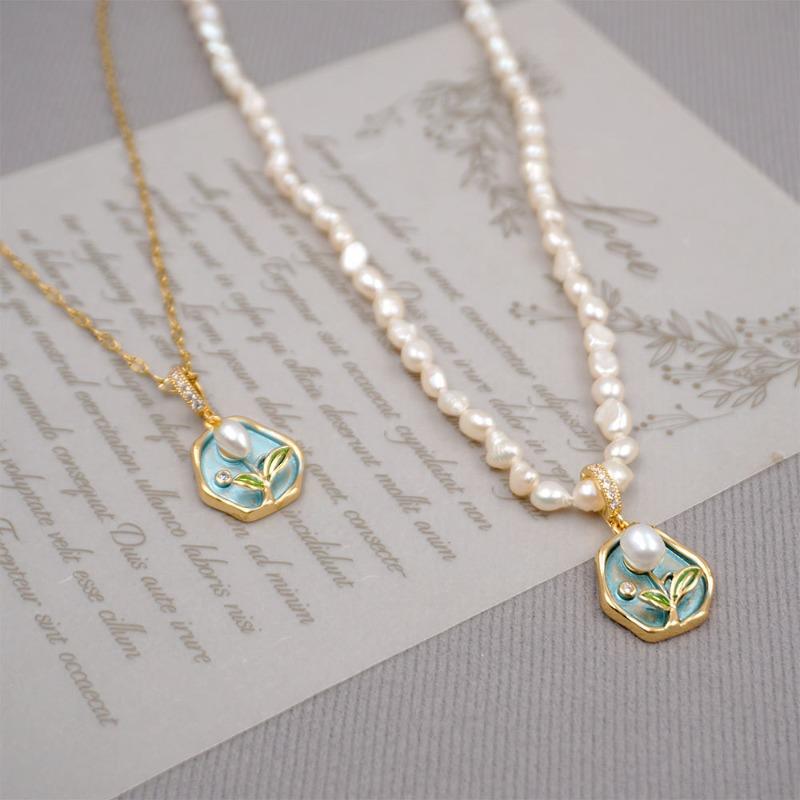 Monet Garden Oil Painting Necklace Accessories Women's Freshwater Pearl Flower Vintage Chinese Pendant Accessories