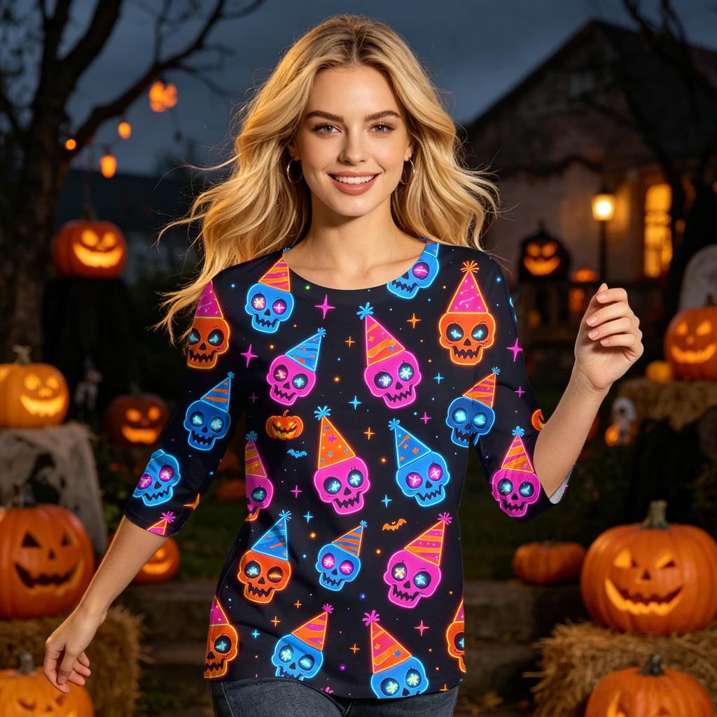 Women’s Casual Three Quarter Sleeve Halloween Skull Print Top Crew Neck Relaxed Fit Soft Lightweight Blouse Shirt