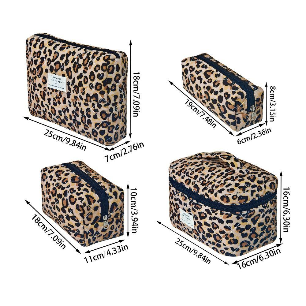 Quilted Cotton Handheld Makeup Bag Leopard Print Large Capacity Toiletry Bag Zipper Closure Portable Cosmetic Storage Organizer
