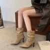 Rich autumn and winter new retro pointed fashion medium boots splicing belt buckle sleeve wrinkled stacking boots