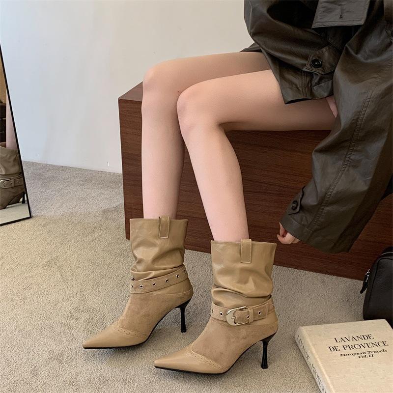 Rich autumn and winter new retro pointed fashion medium boots splicing belt buckle sleeve wrinkled stacking boots