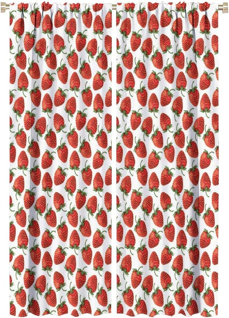 Boho Strawberries Curtains Cute Pink Bohemia Fruit Rod Pocket Blackout Window Treatment for Kitchen Living Room Girls Woman Room