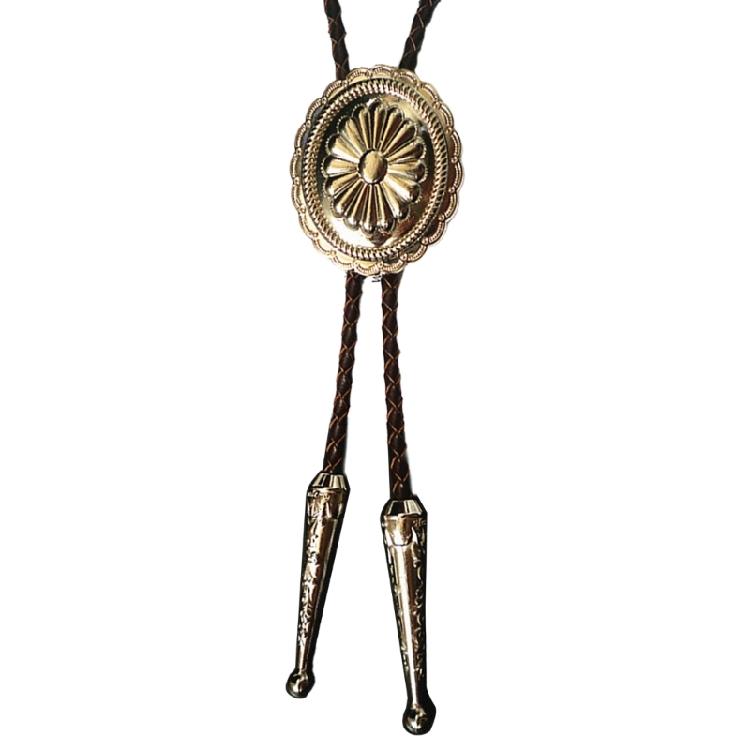 Western Cowboy Vintage Metal Flower Bolo Tie Adjustable Braided Rope Necktie Feathered Pendant Charm Jewelry Necklace
