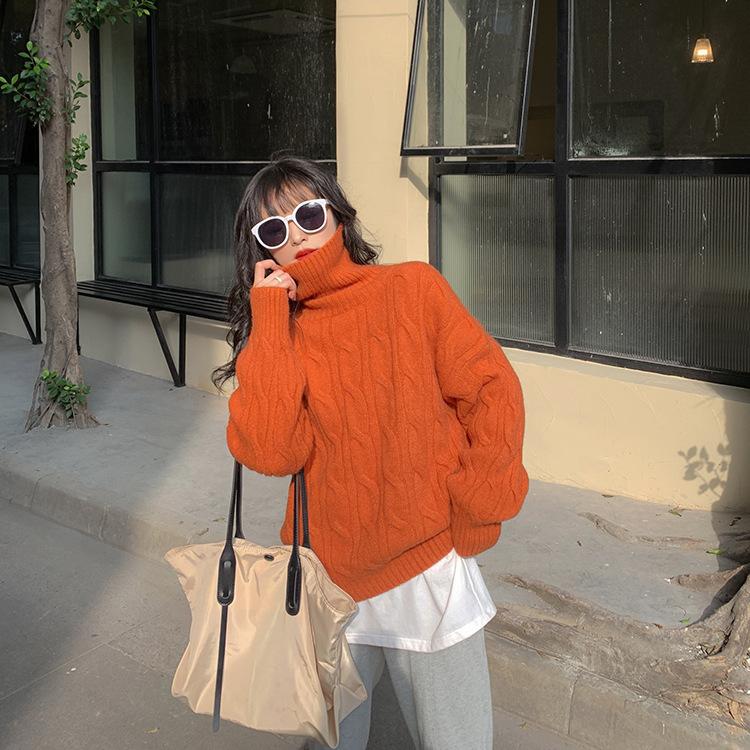 Autumn and winter turtleneck twist sweater women's inner lining solid color casual lazy loose outer top knitted sweater