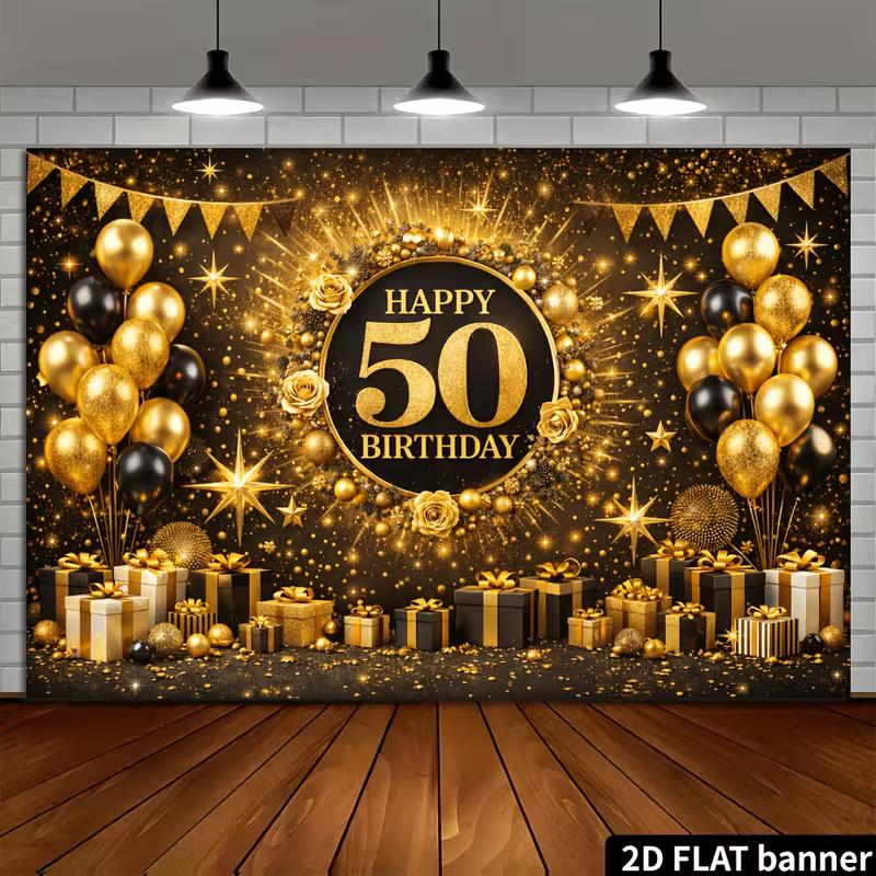 2D Luxury Black Gold Floral 50 Years Old Birthday Photography Backdrop Banner