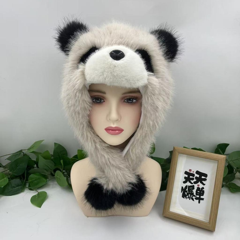 Parent-child autumn and winter cute plush panda hat, thickened warm big head circumference imitation fox hair cover ear hat