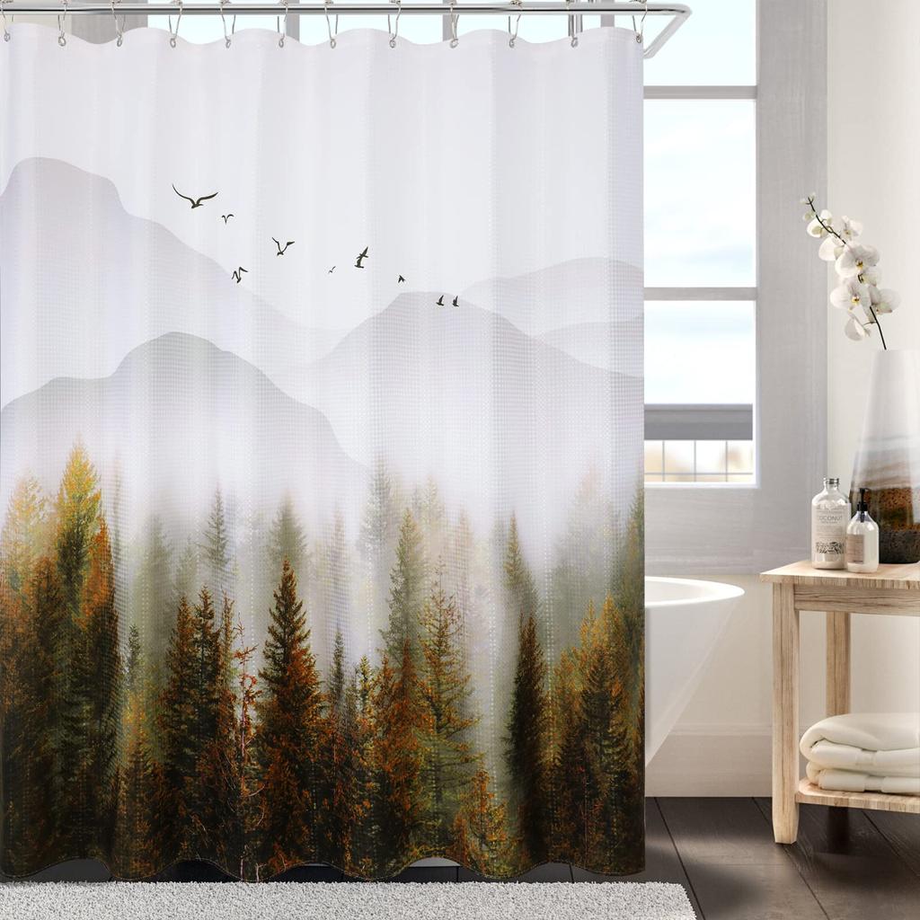 Misty Forest Woodland Shower Curtains Nature Shower Curtain Fall Shower Curtain Waterproof Polyester Fabric Home Decor with Hook