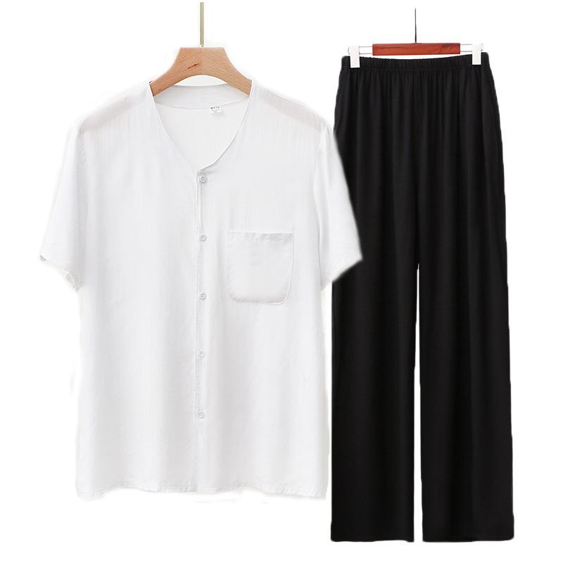 Cardigan manica corta in cotone e seta pigiama da uomo per mezza età e anziani pantaloni estivi sottili in cotone artificiale loungewear da uomo