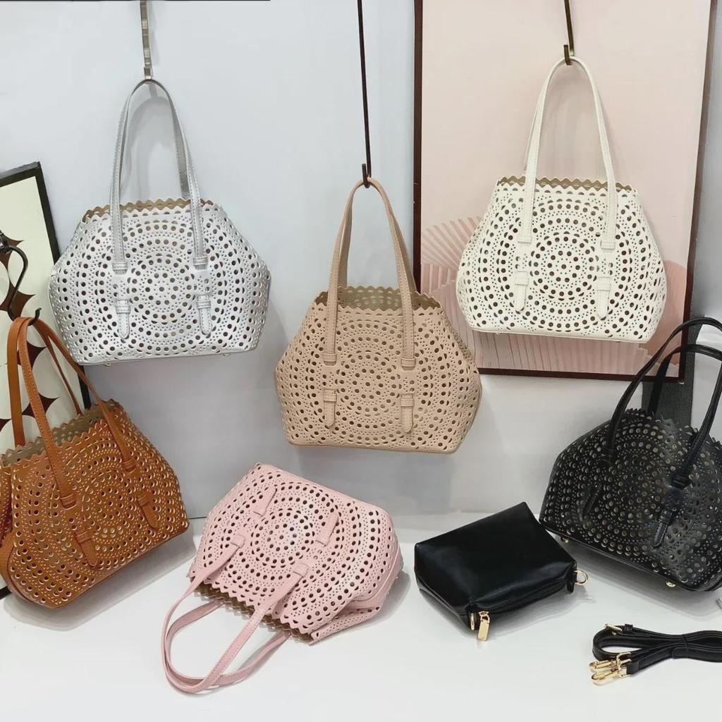 Cross-Border Carved Leather Handbag Set: Tote, Cosmetic Bag & Coin Purse