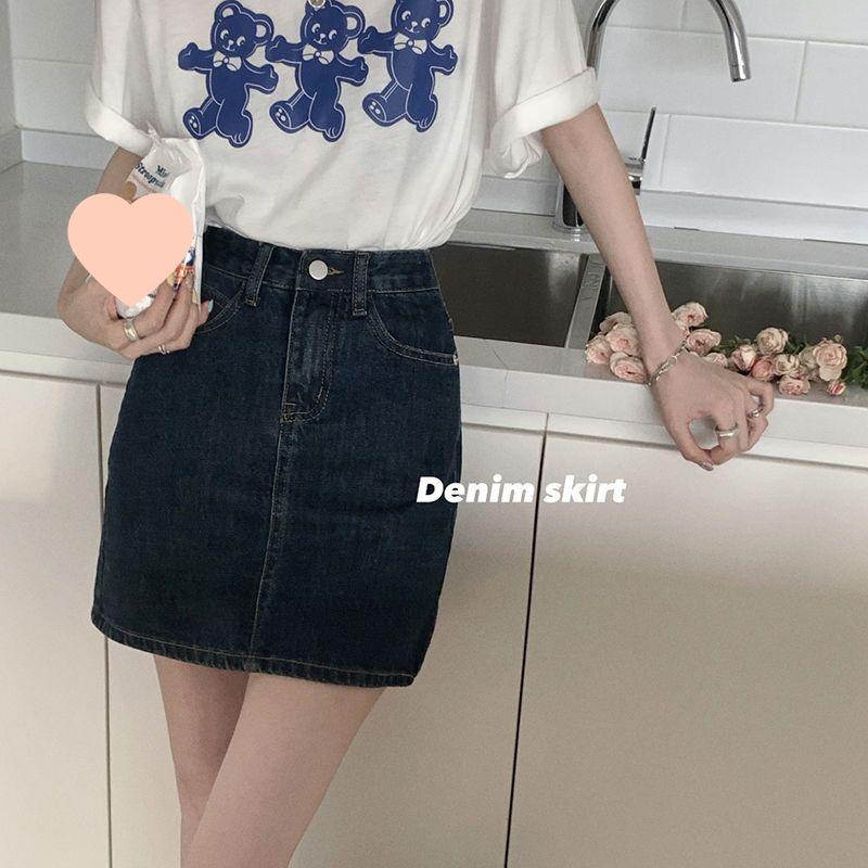 Korean Retro High-Waist Dark Blue Denim A-Line Skirt