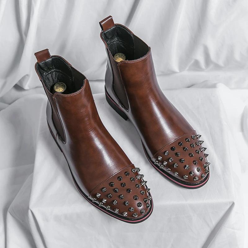 Chelsea Boots Black Rivet Punk Square Toe Slip-On Handmade Low-heeled Men Boots  Business Men Shoes