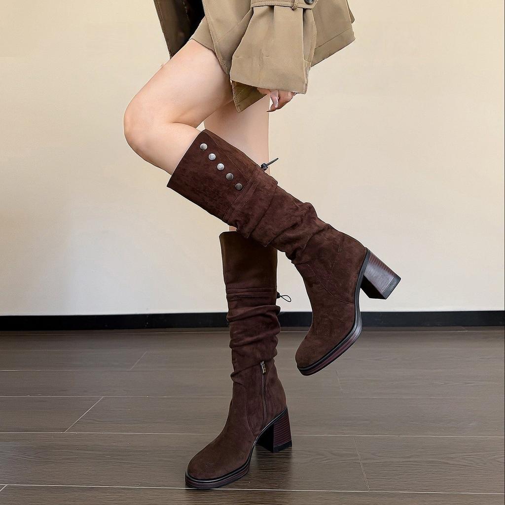 Khaki Maillard boots women's autumn and winter thin thick heel high heel two wear boots knight boots