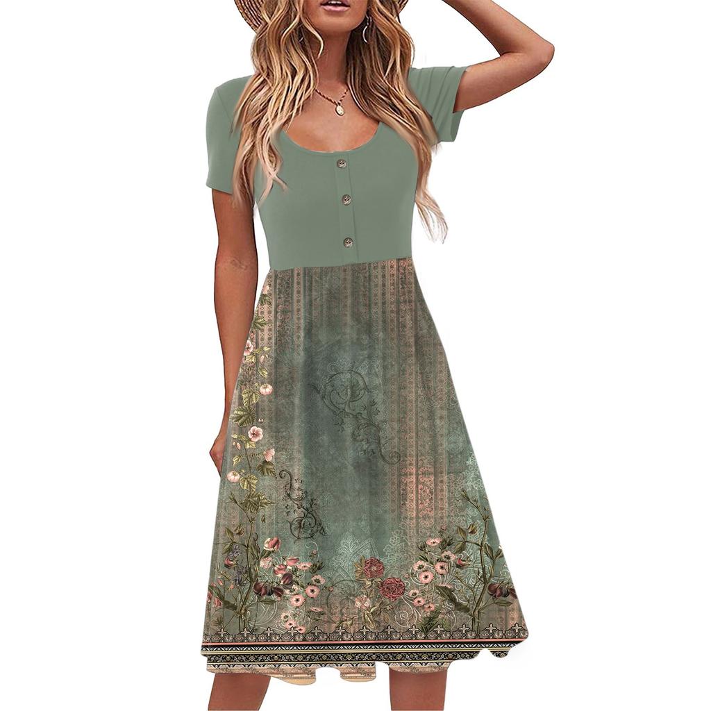 Mode Damen Sommer Vintage Blumenmuster Kleid Elegant Kurzarm Midi Kleid