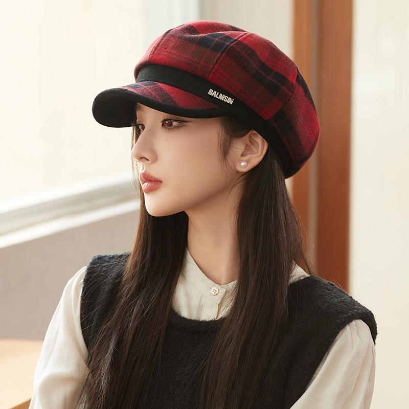 

Женская кепка Newsboy в британскую клетку 2024 года: Восьмиугольная шляпа в стиле ретро с беретом, открывающим лицо, на осень Recommended Head Circumference: 54-59 cm красный