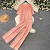 Casual and Fashionable Knit Set for Women New Summer V-Neck Short-Sleeve Sweater Tops and Wide-Leg Pants Two-Piece Sets