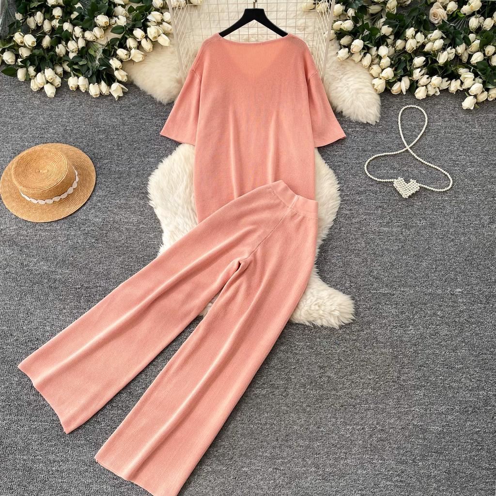 Casual and Fashionable Knit Set for Women New Summer V-Neck Short-Sleeve Sweater Tops and Wide-Leg Pants Two-Piece Sets