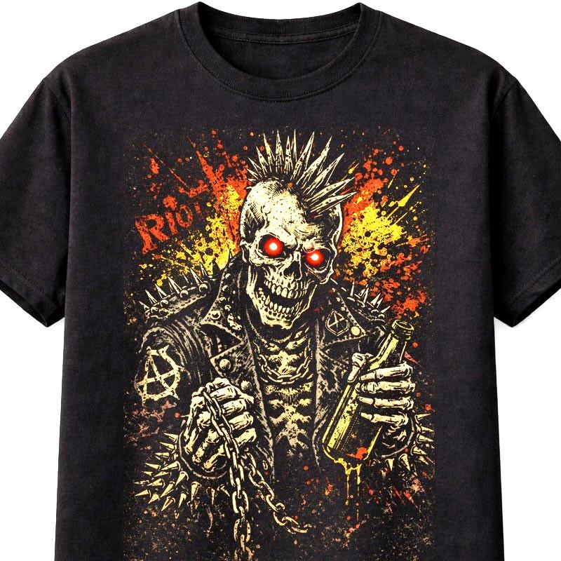 Punk Skull Anarchy Riot Spiked Mohawk Skeleton Punk Unisex TShirt S5XL