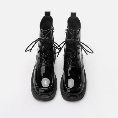 New Autumn Thick-soled Thick-heeled Black British Style Lace-up Square-toed Short Boots for Small Women