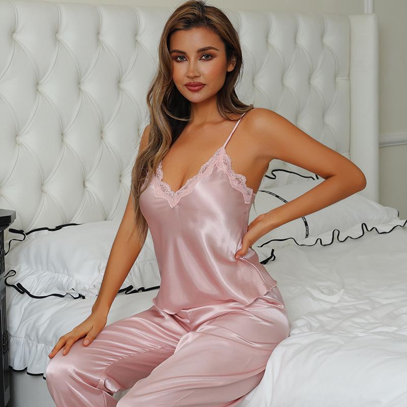 Ice silk pajamas women's imitation silk suspenders, shorts and trousers three-piece set, summer comfortable and can be worn outside loungewear