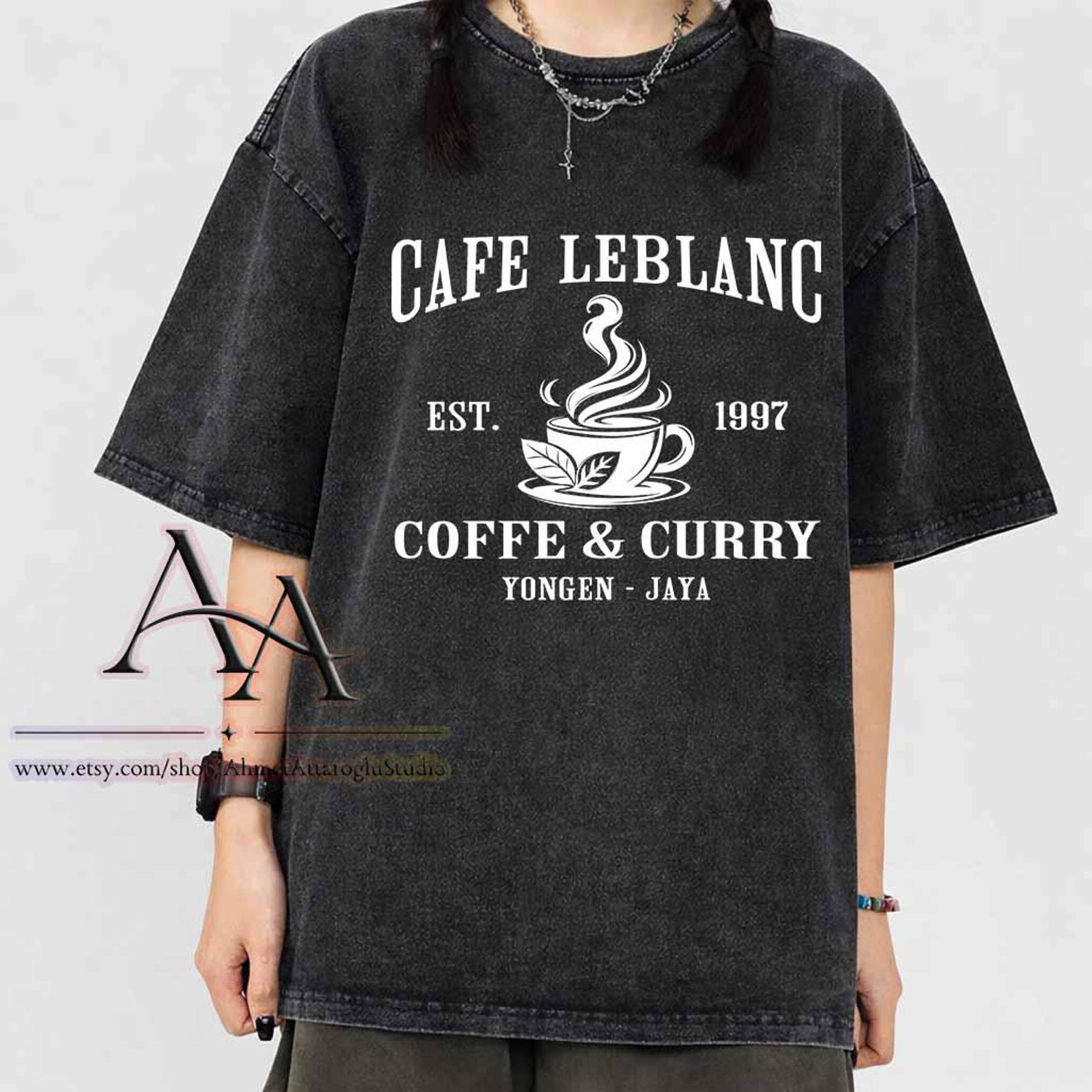 Mineral Wash Tee Cafe Leblanc Shirt, Comfort Colors Coffee & Curry, Megami Tensei Inspired Shirt, Persona shirt, Unisex T-Shirt 3XL