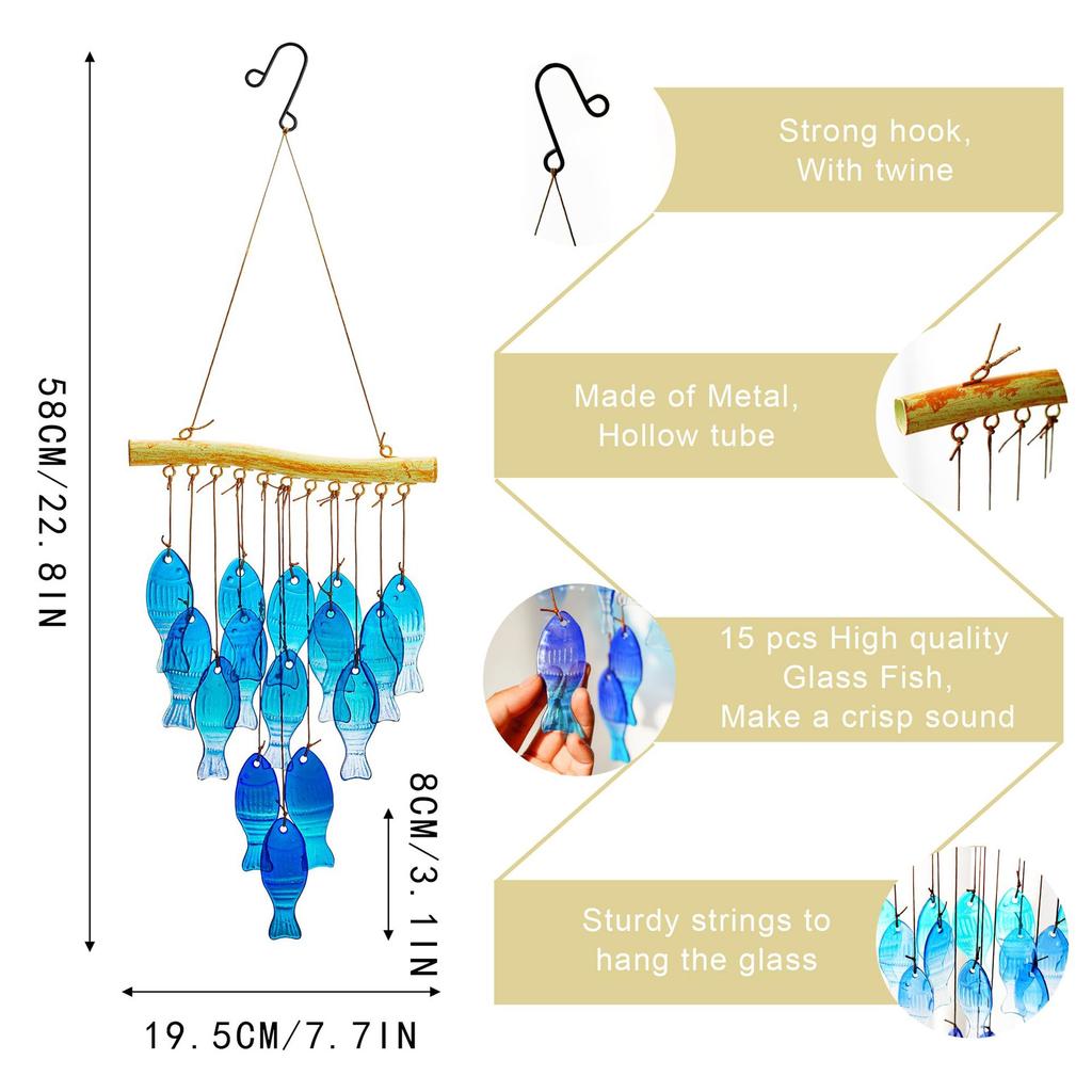 Ručně vyrobená modrá skleněná ryba zvonkohra velká venkovní/vnitřní závěsná dekorace