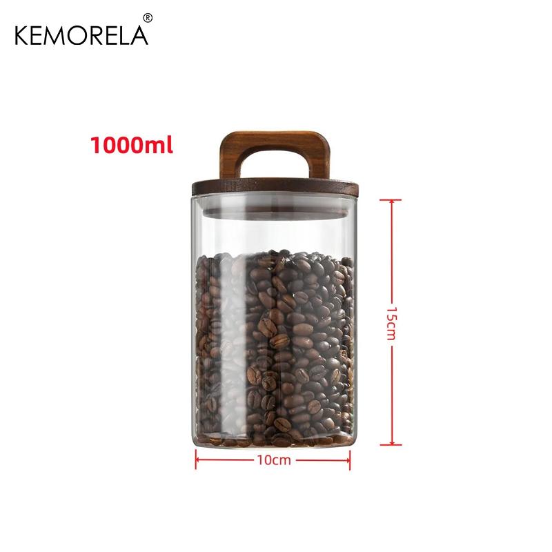 Wood Lid Glass Jar Airtight Canister Food Container Tea Coffee Beans Kitchen Storage Bottles Jar Sealed Grounds Candy Jar