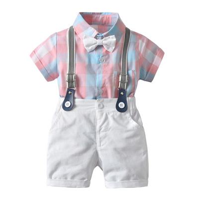 Summer Baby Boy Clothes Suits Gentleman Boy Short-Sleeve Plaid Shirt +Overalls Shorts With Tie