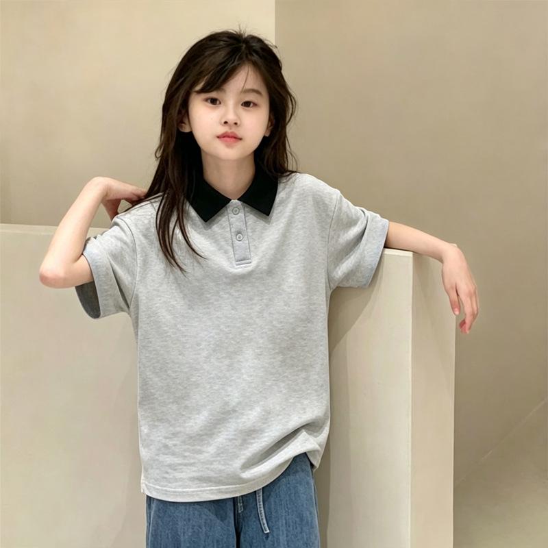 Korean Style Girls' Loose Casual Color Block Polo Shirt - Short Sleeve Summer Top for Kids