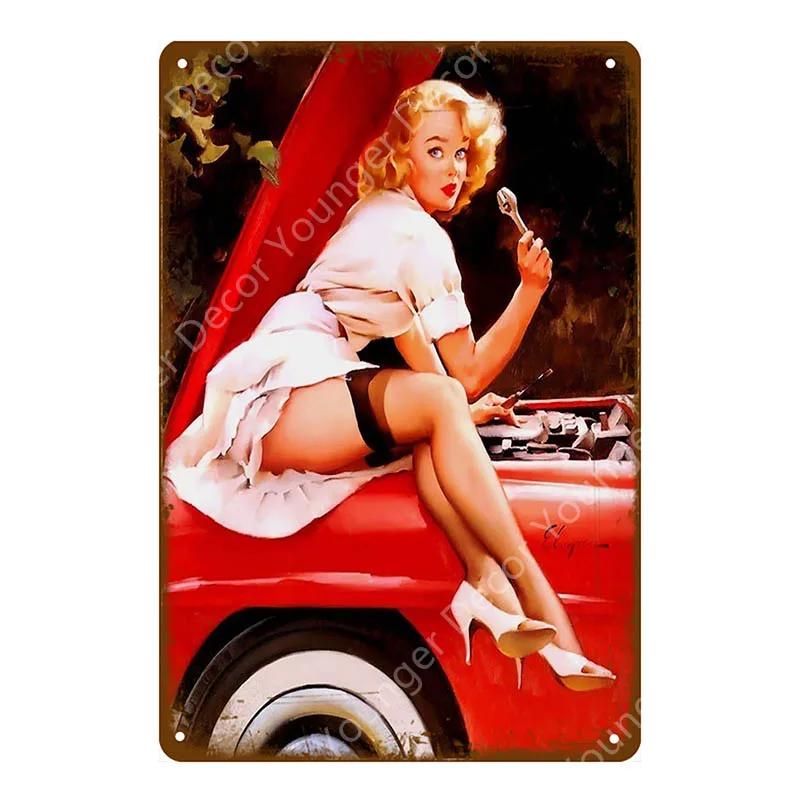 Vintage Retro Sexy Dame Pin Up Girl Malerei Blechschilder Metall Poster Wandaufkleber Bar Kaffeehaus Club Heimdekoration YI-076