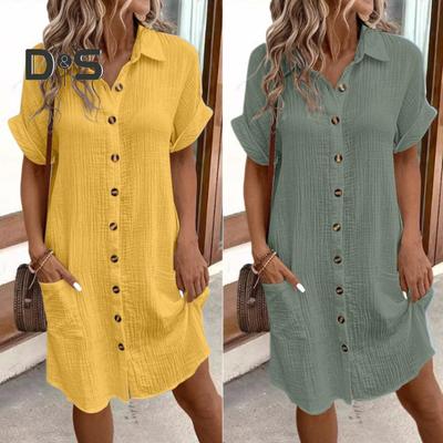 Sommerkleid für Damen, Umlegekragen, einreihig, lockere kurze Ärmel, lockere einfarbige aufgesetzte Tasche, knielang, Pendeln, Freizeit, Midikleid