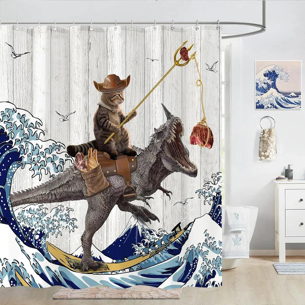 Rideau de douche amusant Chat sur Dinosaure Vagues de l'Océan Mer Rideau de Bain Créatif pour Enfants Tissu Polyester Décoration de Salle de Bain Avec Crochets