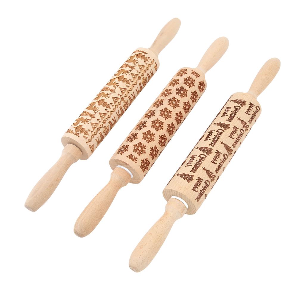 3Pcs Wooden Embossed Rolling Pin Cute Christmas Pattern Engraved Embossing Rolling Pin for Baking