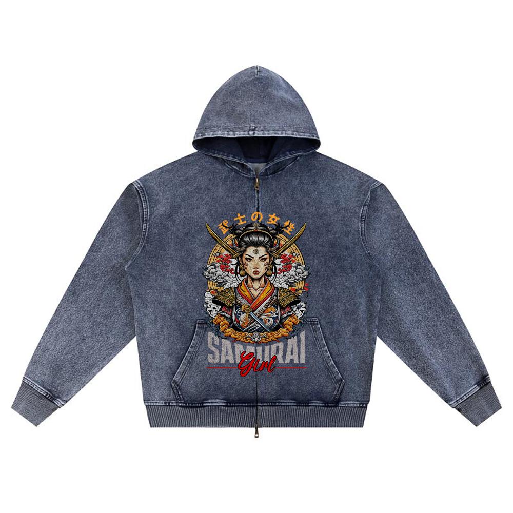 DTG print Knitted Denim Zip-Up Hoodie Japan Samurai Brother Print Zipper Hoodies  