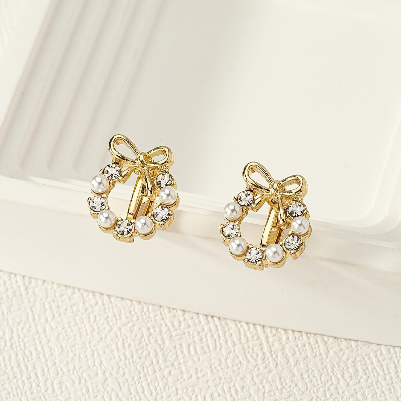 

High-end inlay imitation pearl zircon bow geometric ear clips for daily banquets and parties золотий жовтий колір