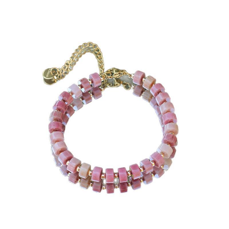 Damen Modeschmuck Armband: Rote Holzmaserung mit Naturstein-Kristall & Edelstahl-Hummerverschluss